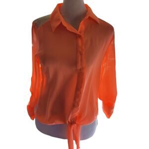 CANDIE’S Womens Orange Lace Shoulder Tie Blouse Sz S Semi Sheer Sexy Cowgirl